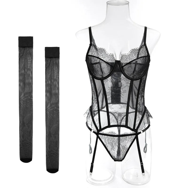 Willowy Women's Lingerie Sets Sexy Corset Lace Bra and Panty 2PCS with Stockings Sheer Outfits Sissy Girl's Intimate Underwear