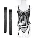 Willowy Women's Lingerie Sets Sexy Corset Lace Bra and Panty 2PCS with Stockings Sheer Outfits Sissy Girl's Intimate Underwear
