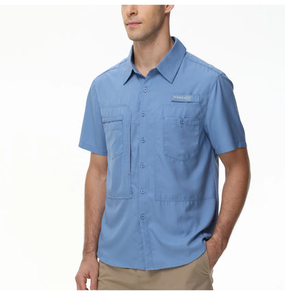Summer Men's UPF 50+ Fishing Shirts, Lightweight Breathable Short Sleeve Cargo Shirt, Button Down Tactical Shirts Workout