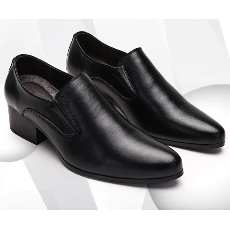 100% Genuine Leather Men Height Increasing Dress Shoes 6cm Fashion Business Brogues Brand Male Footwear Pure Black Monks D756