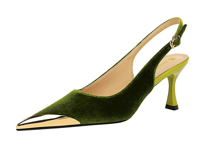 Elegant Women Green High Heel Velvet Pumps Wedding Party Slingback Sandals Metal Pointed Toe Hollow Buckle Wine Red Shoes