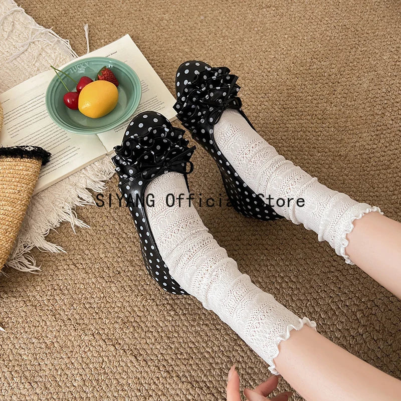 Polka Dot Mary Jane Shoes Women Sweet Ruffle Internal Elevation Shoes Ladies Soft Sole Slip On Daily Comfort Dress Footwear