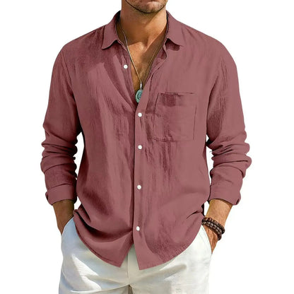 Men's Summer Long Sleeve Shirt Solid Color Loose Cotton Linen Shirt With Pockets Summer Breathable Fashion Casual Shirts for Men
