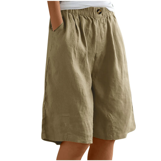 2024 Summer Women's Middle Pants Cotton and Hemp Shorts Five Quarter Pants Loose High Waist Button Shorts for Female