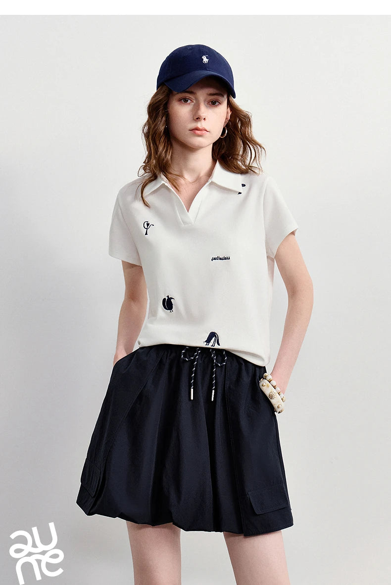 TOYOUTH Women Polo T-Shirt 2026 Summer Joint Name with Gongchangzhang Embroidered V-Neck Age-Reducing Trendy Tops