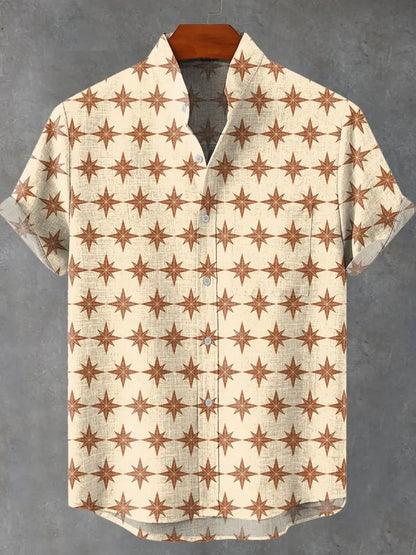 2025 Men's New Hot Selling Cool Checkered Pattern Printed Summer Comfortable Linen Short sleeved Shirt Men's Casual Button Top