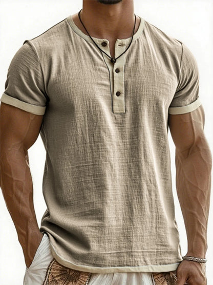 Summer New Men's Cotton Linen Shirt Casual Contrast Trim Short Sleeve Top Breathable Comfort Slim Fit Sports Casual Shirt