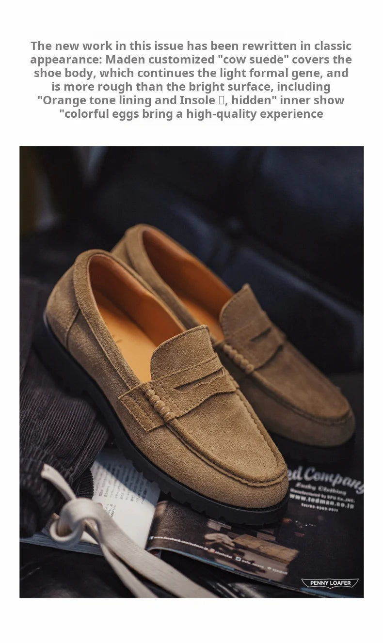 Maden Men's Vintage Suede Cowhide Penny Loafers Old Money Style Slip-On Shoes Brown Dress Casual Low Top Boots for Fall