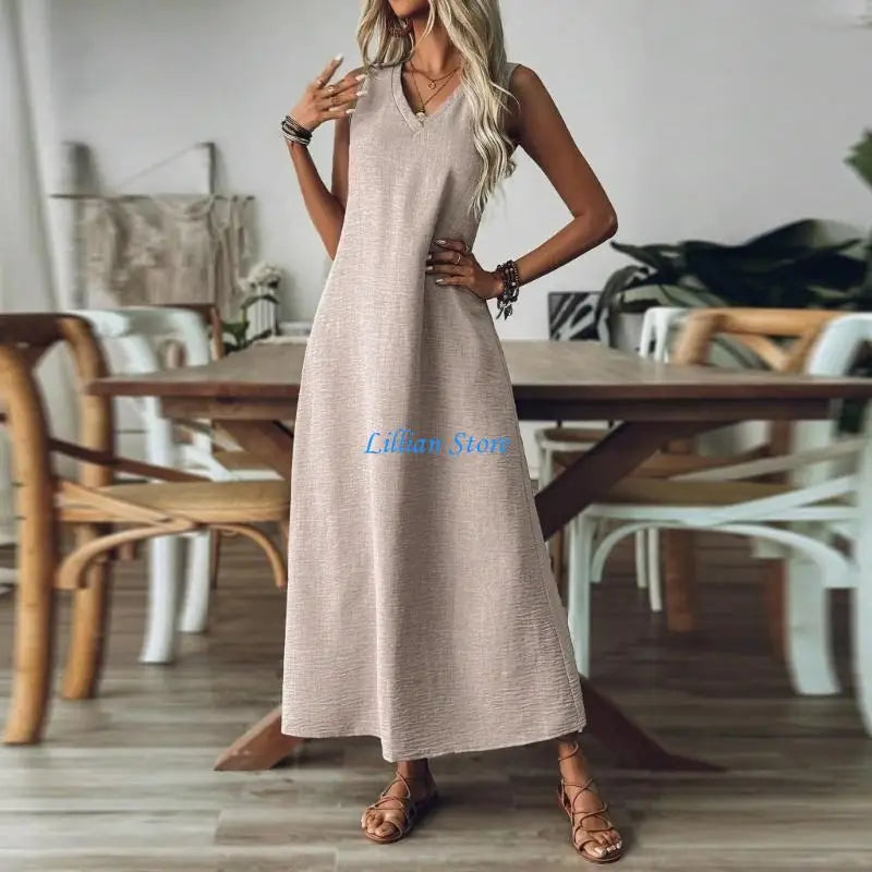 Q1FA Summer Dresses for Women Cotton Linen Maxi Dress Casual Sleeveless Long Sundress Vacation Outfits