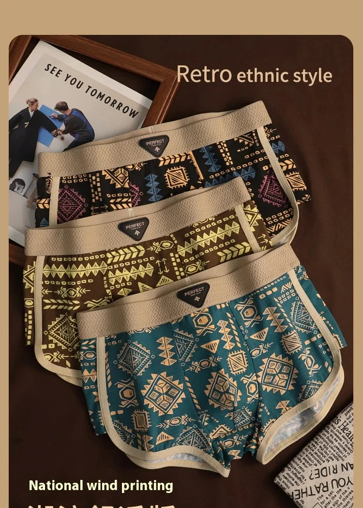Retro Ethnic Style Men's Boxer Comfortable Briefs Design Vintage Print Elastic Underwear for Man Lingerie Mid Waist Underpants