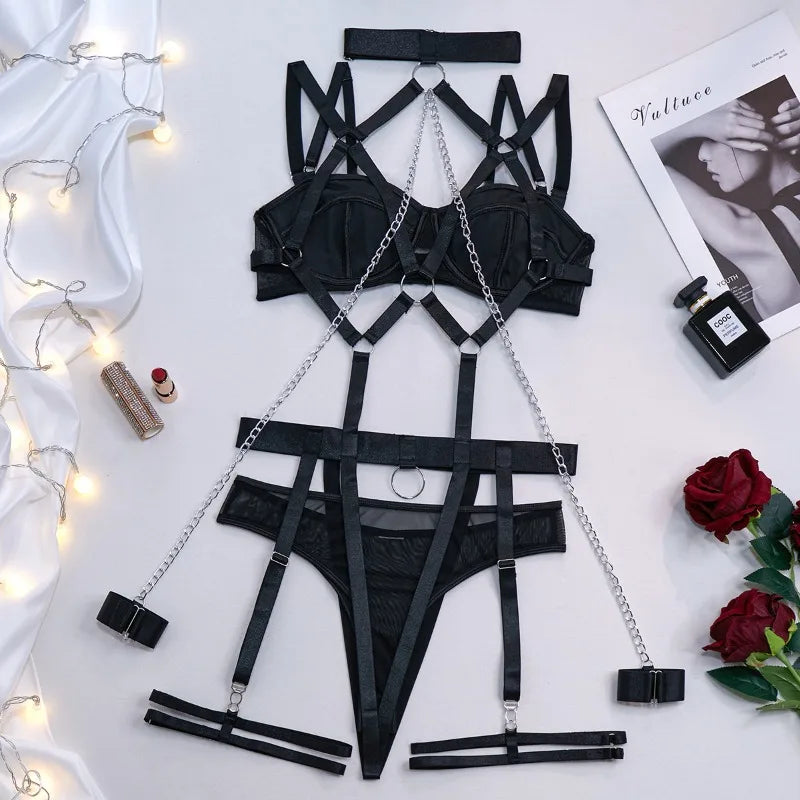 Toucheart 4 Piece Set Sexy Chain Halter Underwear Set For Women Erotic Lingerie Temptation Sexy Role Play Chain Underwear Set