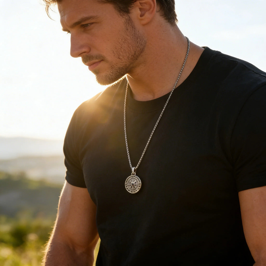 Men's Silver Color Geometric Pendant Necklace, Non Fading Stainless Steel Compass Necklace with Chain, Stylish Jewelry Gifts