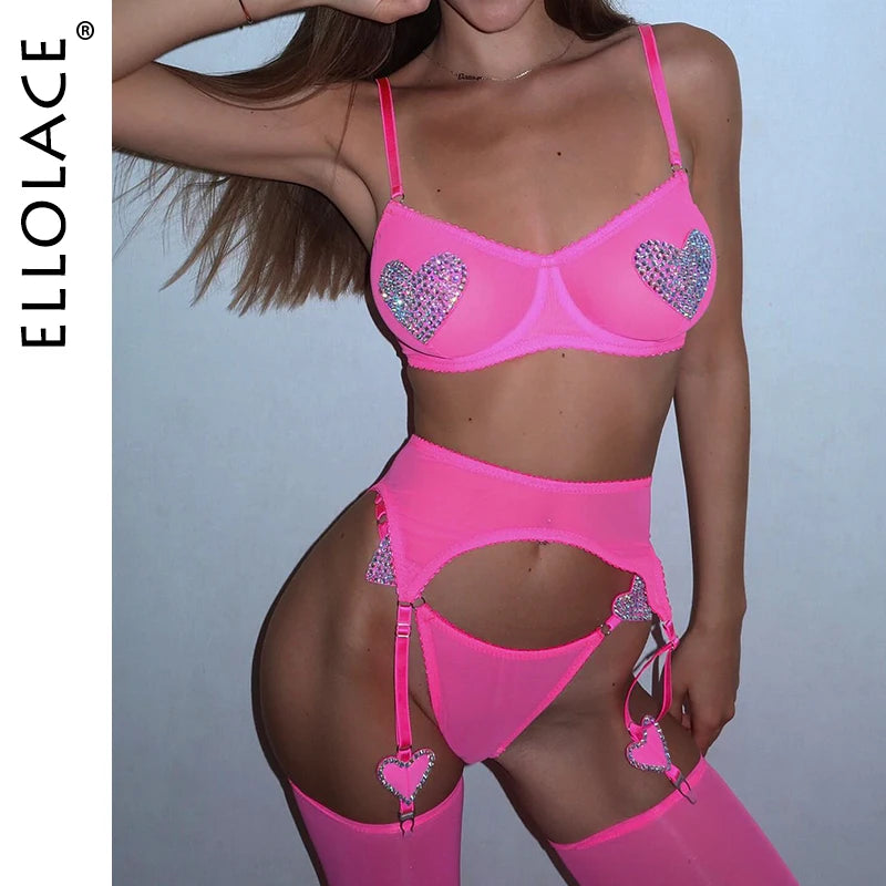 Ellolace Daring Women's Lingerie Sets Fancy Sexy Bra Belt Thong 3PC with Leg Circles Romantic Heart Rhinestone Women Underwear