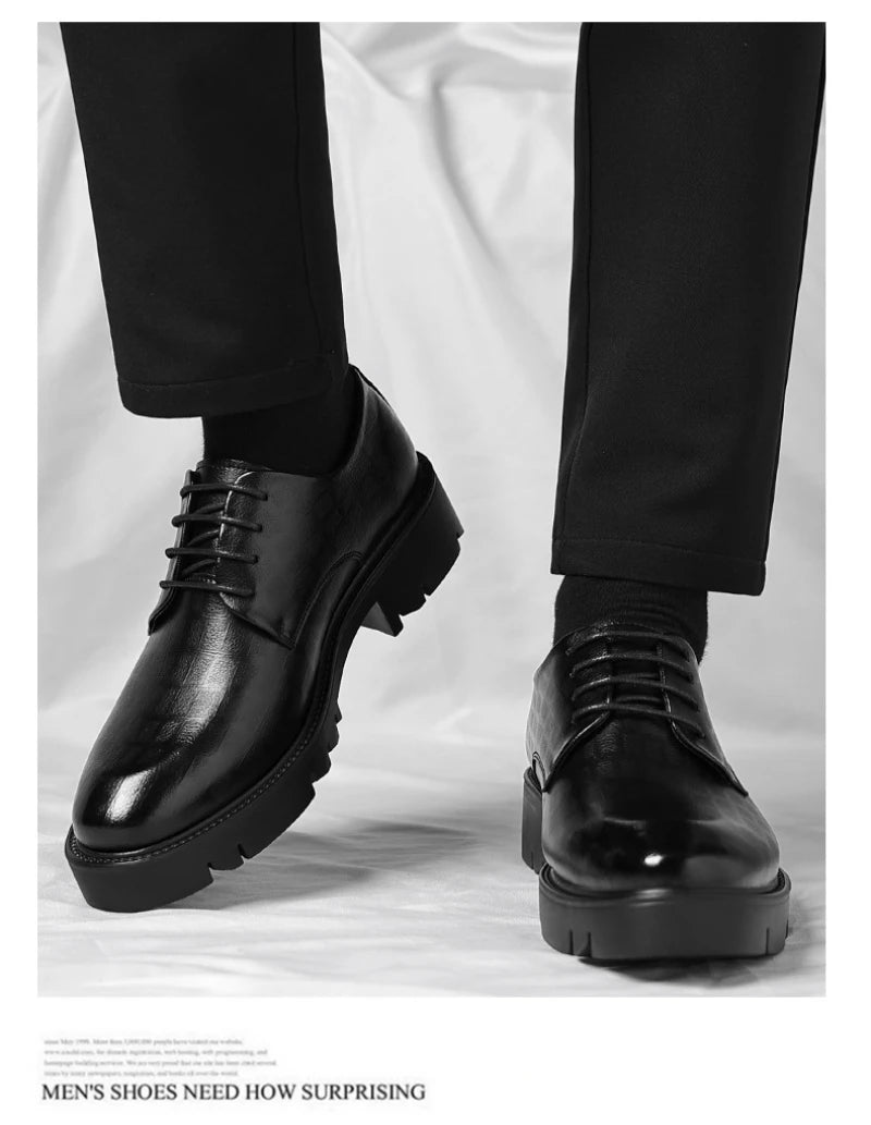 Men's Thick-Soled Low-Cut Business Formal Leather Shoes With Lace-Up Height Increase Groom's Wedding Shoes With Suit Shoes