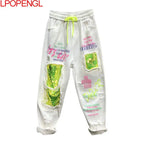 Women's Spring And Summer Personality Color Sequins Ripped Jeans New Drawstring Loose Straight Streetwear Denim Harem Pants