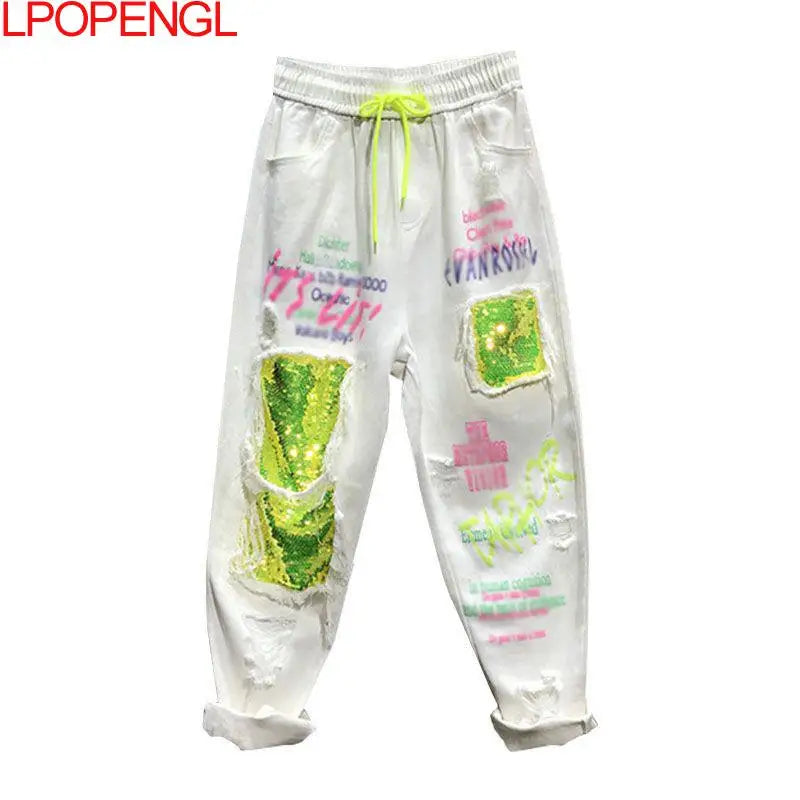 Women's Spring And Summer Personality Color Sequins Ripped Jeans New Drawstring Loose Straight Streetwear Denim Harem Pants