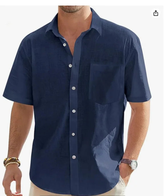 Men's Cotton Linen Short Sleeve Shirt Casual Button Down Shirt with Pocket Summer Beach Breathable Loose Tops Large size S-6XL