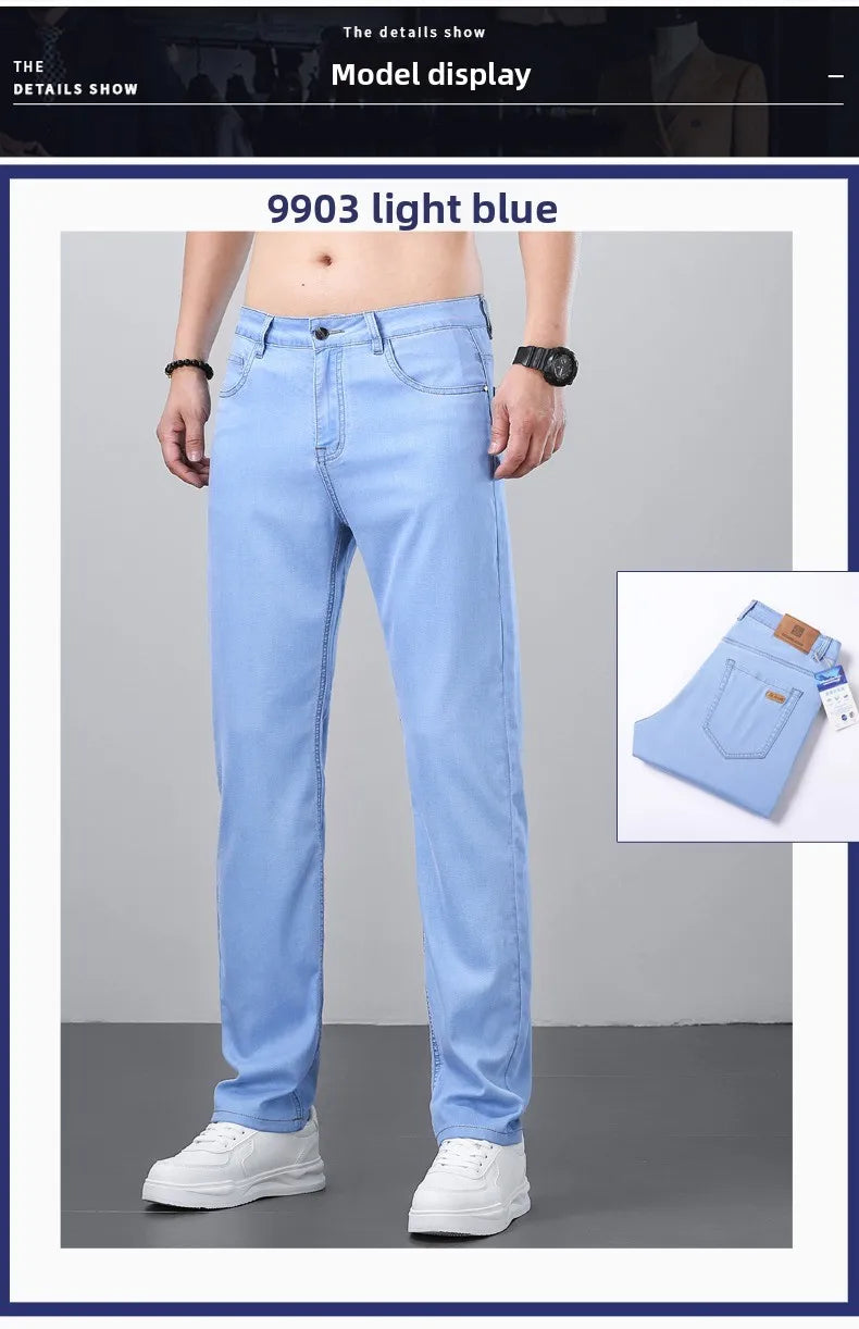 2026 Spring Summer 70% Lyocell Jeans Regular Fit Straight Ice Silk Style Business Casual Light Blue Stretch Cotton Denim