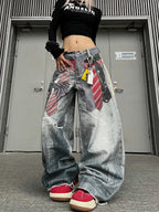 Women American Vintage Print Tie Machete Pattern Jeans Loose Wide Leg Street Hot Girl Design All Match Denim Long Trousers