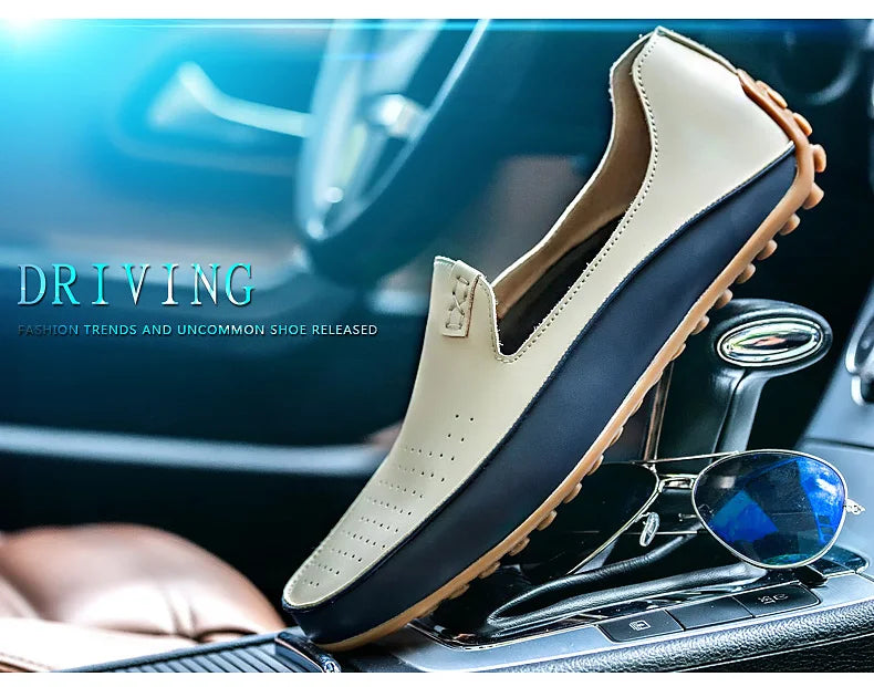 Summer Men Casual Flats Fashion Genuine Leather Soft Moccasins Brand Loafers High Quality Breathable Men Dress Shoes Size 36-47