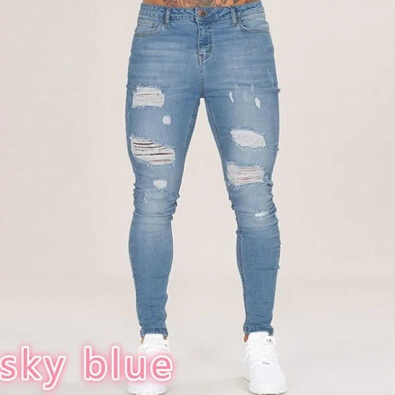 2023 Fashion Street Style Ripped Skinny Jeans Men Vintage wash Solid Denim Trouser Mens Casual Slim fit Black Blue denim Pants