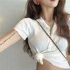 New Polo Women TShirt Ribbed Knitted Sexy Tops Summer Basic Shirts Skinny Slim Casual Short Sleeve Vest Women's Top White Black