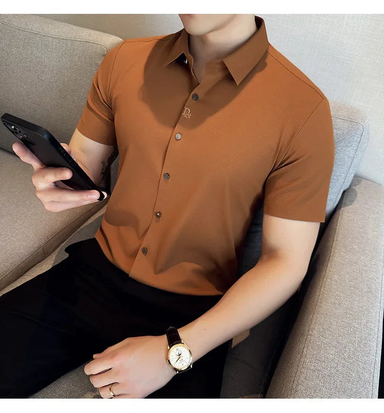 Men's White Business Casual Shirt, Fitted Striped Elastic Short-sleeved Shirt, Exquisite Embroidered Summer Formal Work Uniform.