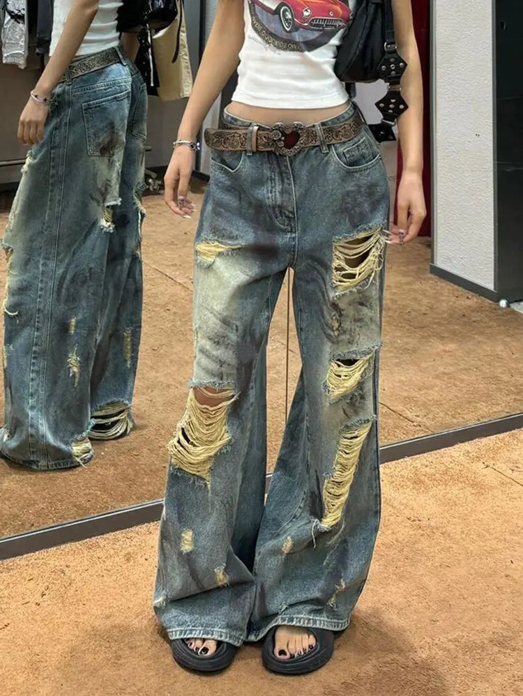 Women's Light Blue Distressed Wide Leg Jeans High Waist Heavy Ripped Vintage Y2K Baggy Denim Pants