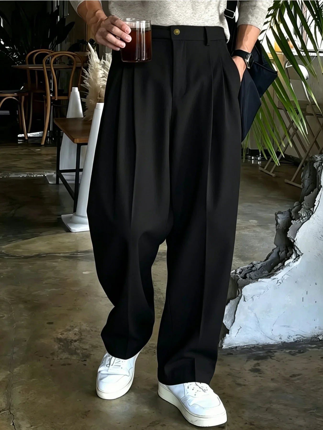 Men Double Pleated Wide Leg Suit Pants Korean Clean Fit Draped Slacks Loose Baggy Trousers Business Office Casual Streetwear  Pa