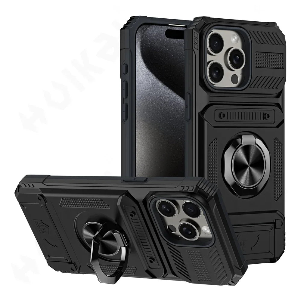 Military Quality Case for iPhone 11 13 14 15 16 Pro Max Magnetic Rotated Ring Kickstand Heavy Duty Drop Protection Wallet Cover