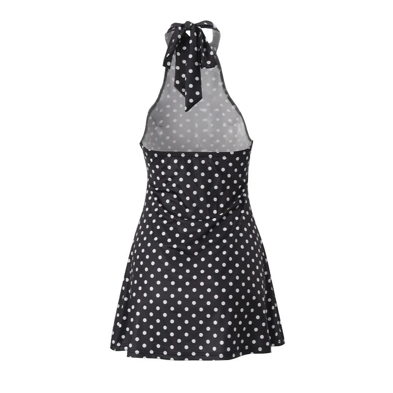 Polka Dot Elegant Off Shoulder Sleeveless Backless High Waist Halter Mini Dress Y2K Summer Fashion Club Party Vestidos