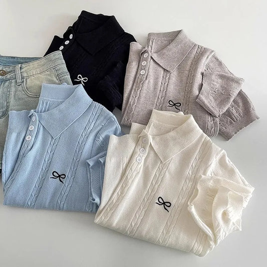 AOSSVIAO 2026 Summer New Korean Fashion Slim Polo shirt Knitted Short Sleeve T-shirt Sweet Bow Embroidered Knitted  Women Tops