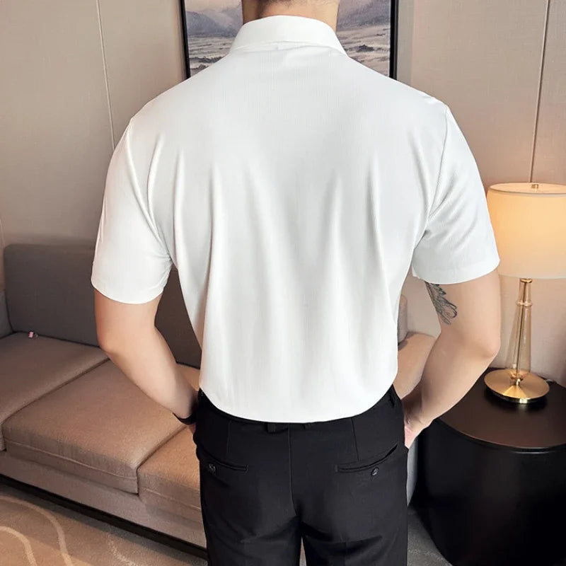 Men's White Business Casual Shirt, Fitted Striped Elastic Short-sleeved Shirt, Exquisite Embroidered Summer Formal Work Uniform.