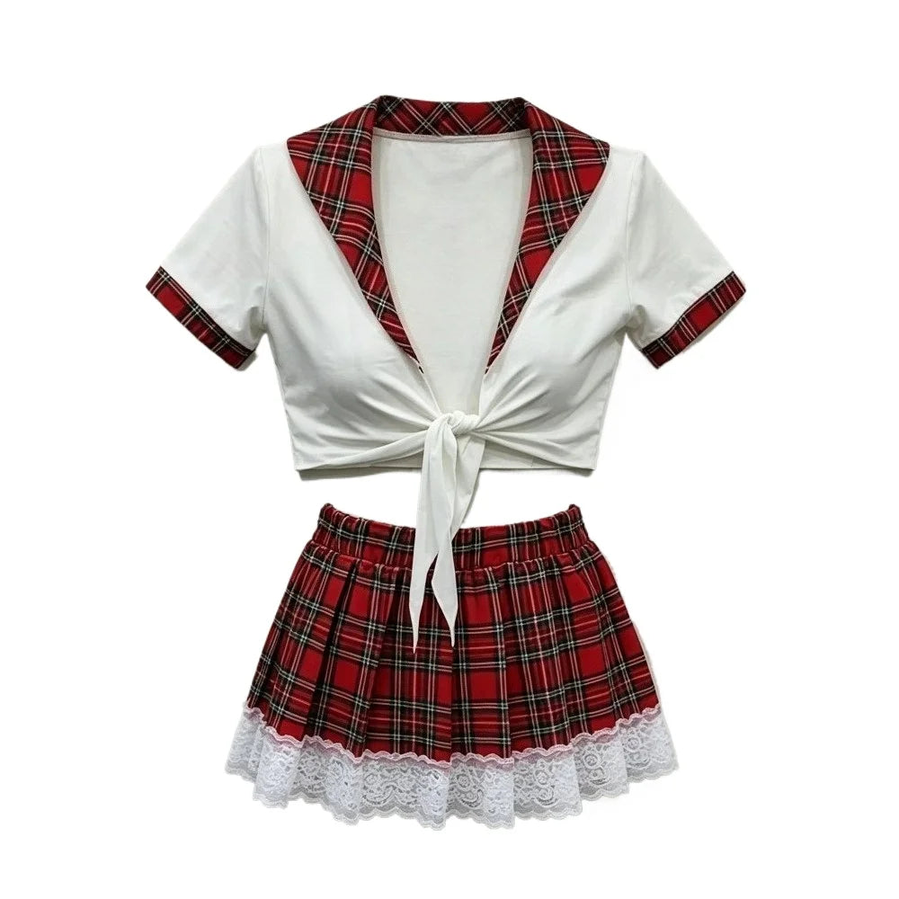 Schoolgirl Cosplay Lingerie Set, Red Plaid Tie Front Crop Top Lace Trim Mini Skirt Outfit