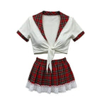 Schoolgirl Cosplay Lingerie Set, Red Plaid Tie Front Crop Top Lace Trim Mini Skirt Outfit