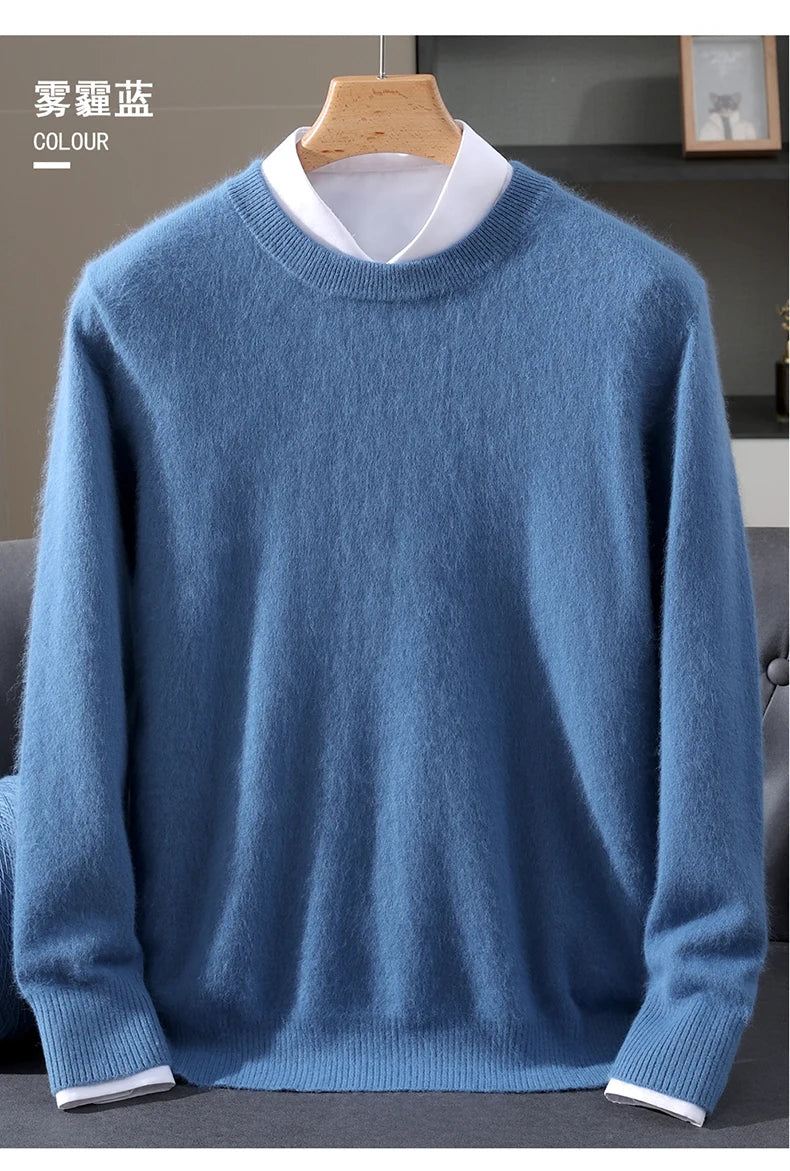 Autumn Winter 100% Mink Cashmere Sweater Men's Round Neck Pullover Loose Solid Color Plus Size Base Knit Business Casual Sweater