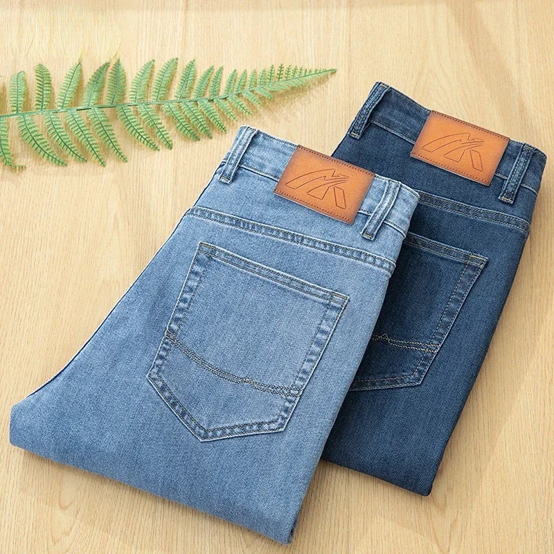 2026 Stretch Men's Fitted Straight Jeans Korean Youthful Vitality Spring Summer Thin Breathable Cotton  Lightweight Trousers