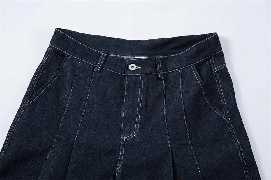 【Mirrordust】Pleated Baggy Jeans Men Loose Wide Leg Jeans Trousers Streetwear Harajuku Hip Hop Jeans Denim Pants