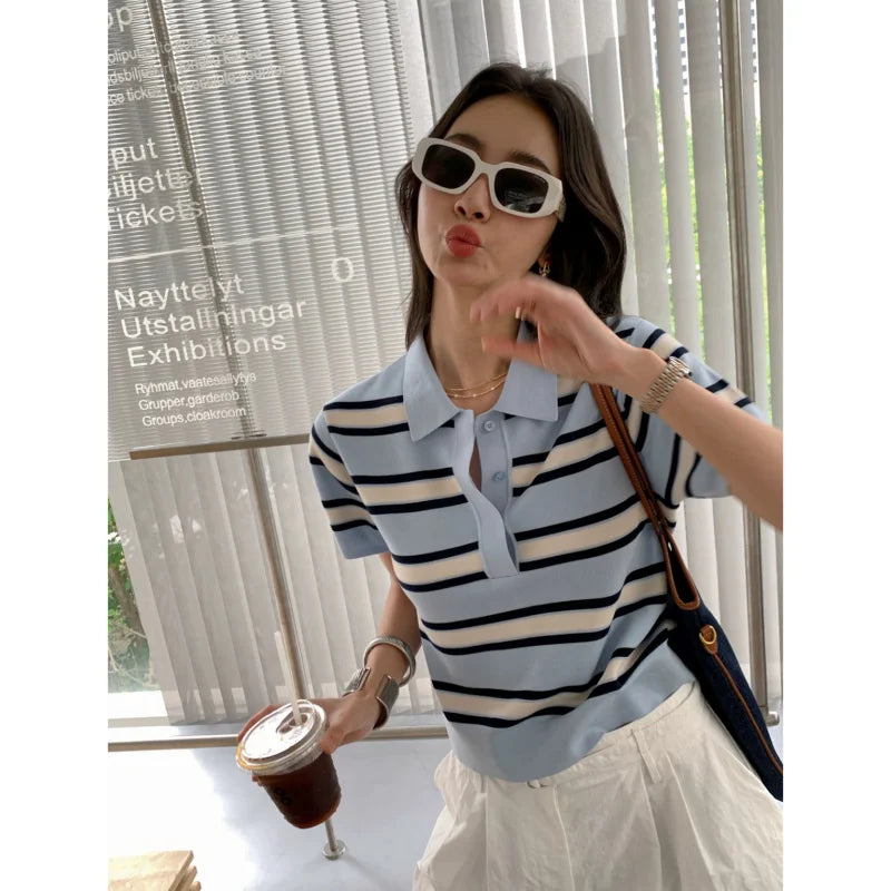 Striped POLO Neck Ice Silk Short Sleeved Women's Summer Thin Fashion Loose Lapel Knit Top