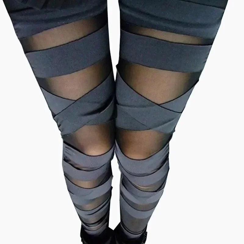 Fashion Elastic Black Bandage Pants Femme Punk Rock Trouser Sexy Leggings Mesh Women Leggins Gothic Slim Streetwear Leggings