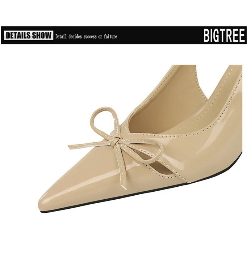 Korean Style Pointed Toe High Heels Shallow Mouth Hollow Bow Back Trip Strap Women's Shoes Thin Heels Back Empty Shoes Women