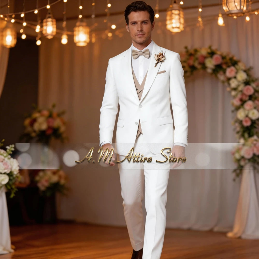 Formal Men's Suit 3pcs White Jacket Pants with Khaki Vest Slim-Fitting Parent-Child Custom Set for Wedding Prom Birthday Party