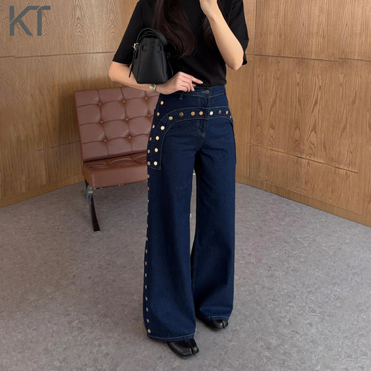 KT 2026 New Women's Dark Blue Wide Leg Jeans Gold Studded Detail High Waist Pocket Decorative Denim Pants
