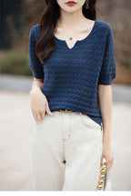 Women's T-shirt Summer New 100% Pure Cotton Tees Casual Solid Knitted Short sleeved V-neck Pullover Loose Tops Fashion Sweater