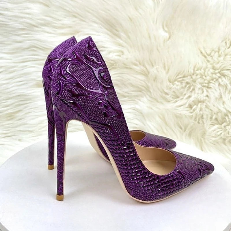Purple Embossed Crocodile Effect Women Pointy Toe Slip On High Heel Shoes for Party Sexy Ladies Dress Stiletto Pumps