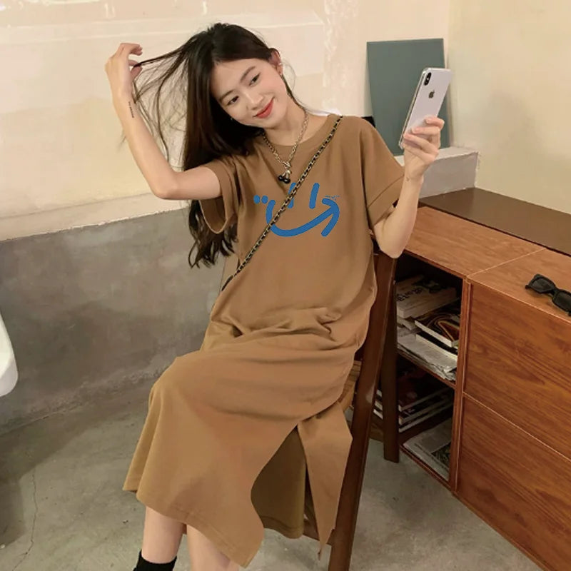 Arabic Print Side Split Long T Shirt Dress Women Loose Short Sleeve Oversized Casual Maxi Loungewear Dress