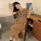 Arabic Print Side Split Long T Shirt Dress Women Loose Short Sleeve Oversized Casual Maxi Loungewear Dress