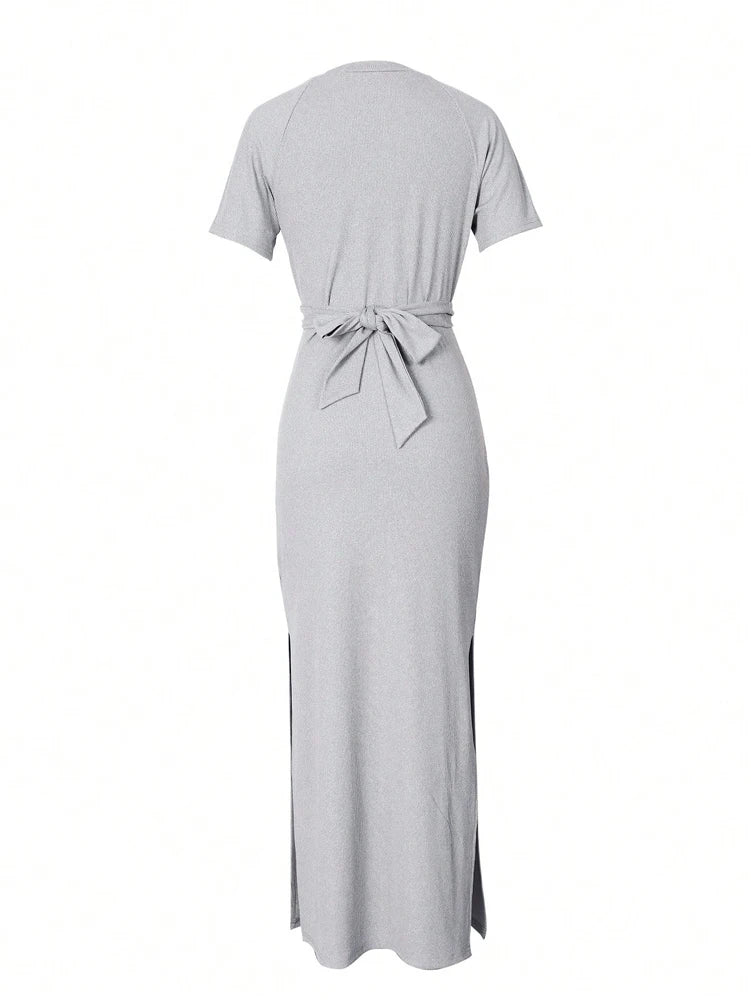 Women Round neck Chest Crossed Waist short sleeve Side split medium-length dress Homecoming Valentine's Day Elegant