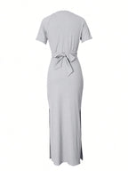 Women Round neck Chest Crossed Waist short sleeve Side split medium-length dress Homecoming Valentine's Day Elegant