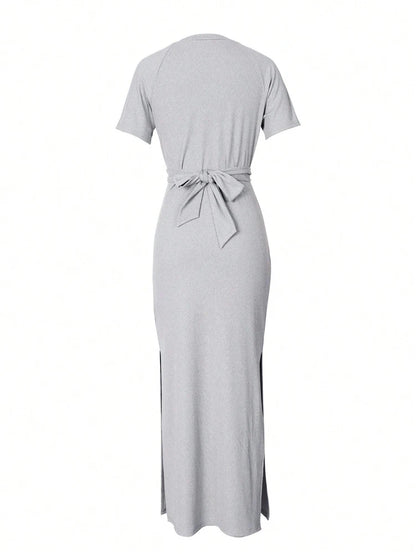 Women Round neck Chest Crossed Waist short sleeve Side split medium-length dress Homecoming Valentine's Day Elegant